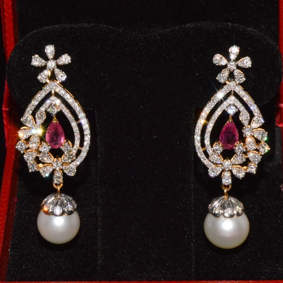 CERTIFIED NATURAL 24.16CTS VS F DIAMOND RUBY SOUTH SEA PEARL 18K GOLD EARRINGS - Picture 1 of 14